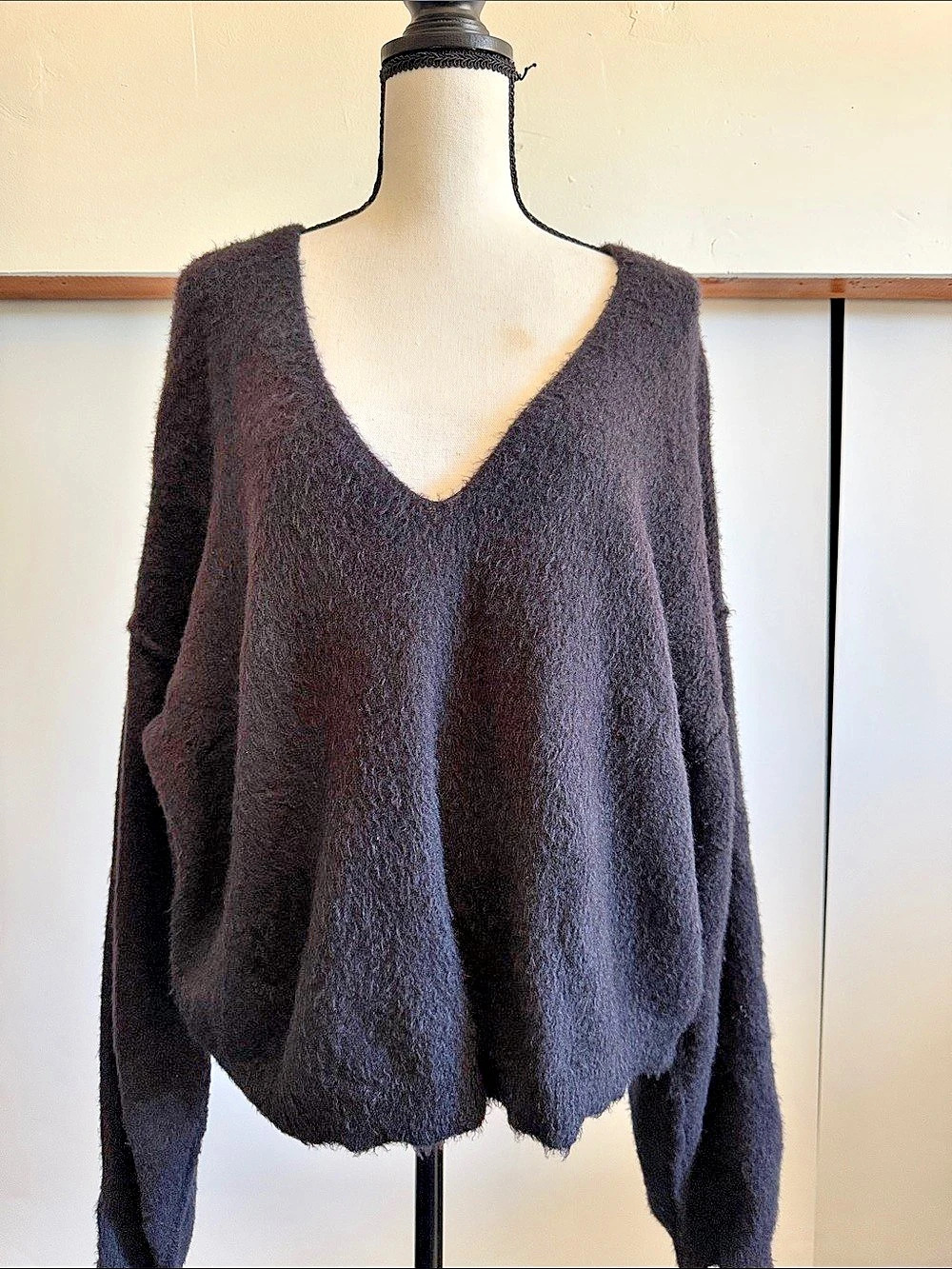 Free People Fuzzy V-Neck Sweater in Black Size Large